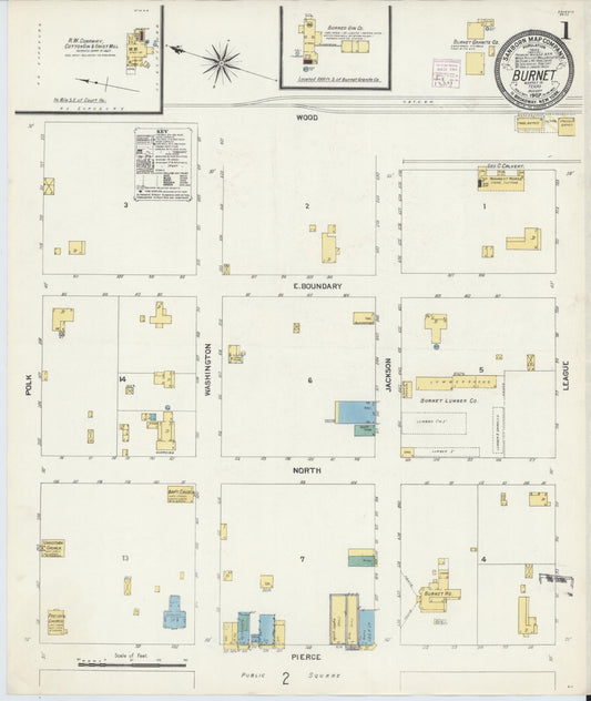 Sanborn Fire Insurance Map from Burnet, Burnet County, Texas (1907), Sheet #0001 - Historic Sanborn Fire Insurance Map Print, vintage old map wall art, antique decor, genealogy gift, Texas Texas map