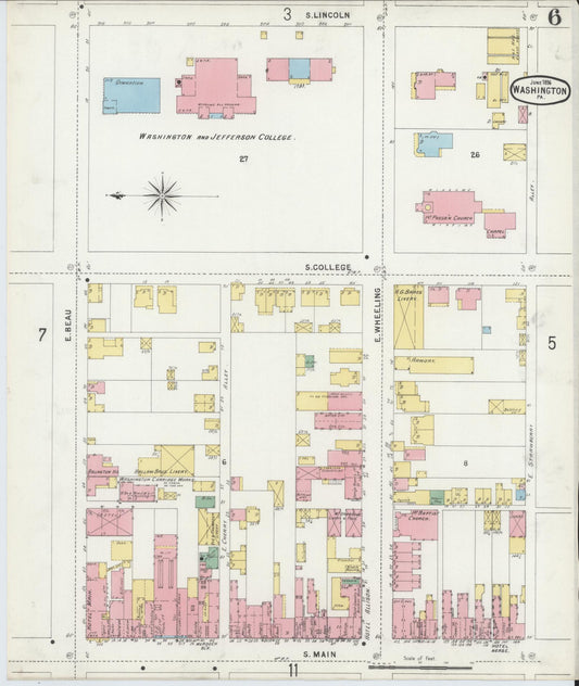 Sanborn Fire Insurance Map from Washington, Washington County, Pennsylvania (1896), Sheet #0006 - Historic Sanborn Fire Insurance Map Print, vintage old map wall art, antique decor, genealogy gift, Sanborn Fire Insurance Map from Washington Washington map
