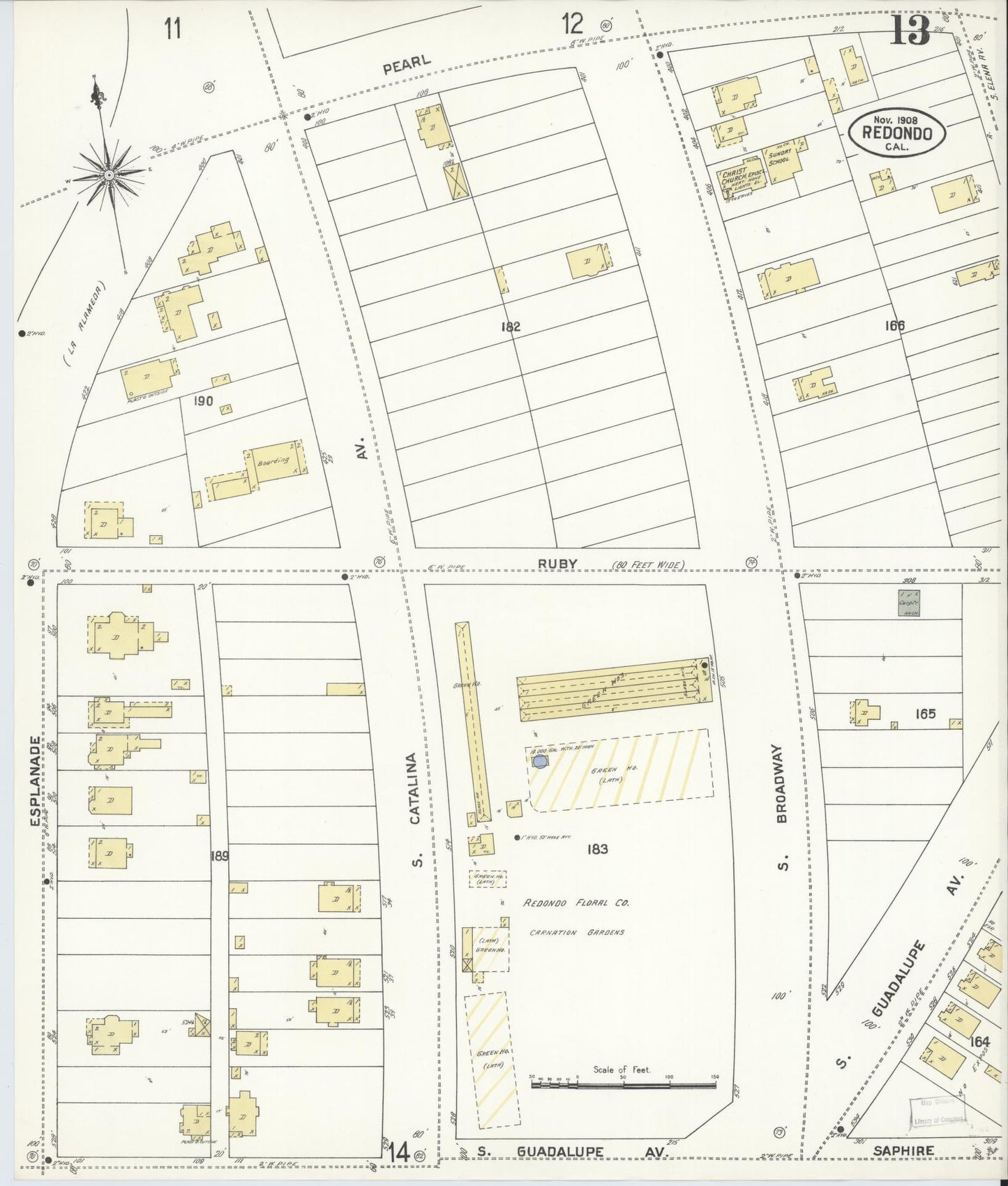 Sanborn Fire Insurance Map from Redondo Beach, Los Angeles County, California (1908), Sheet #0013 - Complete Map Set gallery image, historic Sanborn map, vintage wall art, California California