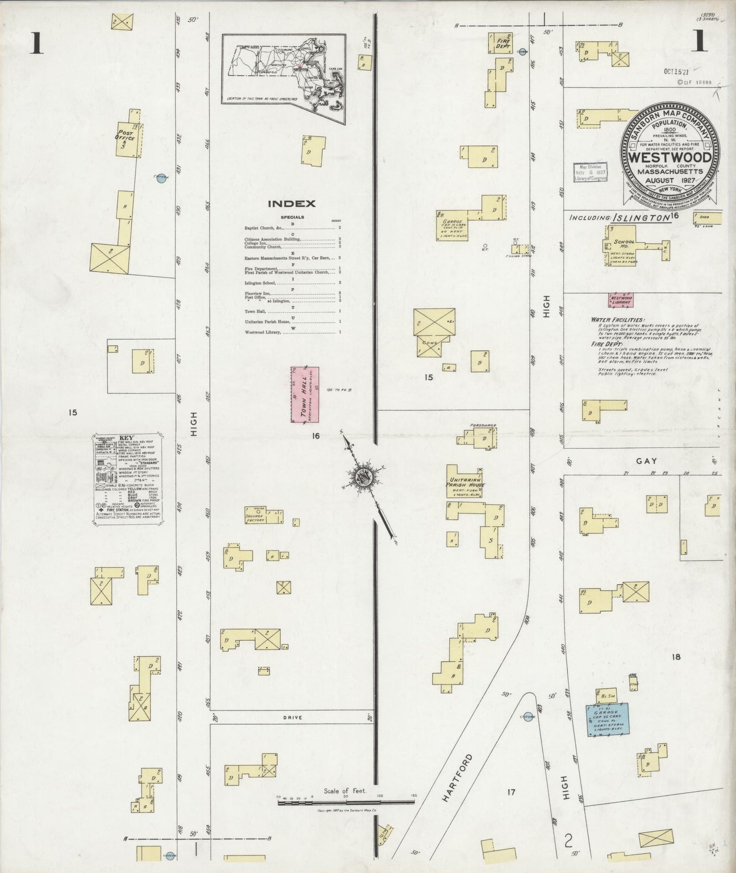 Sanborn Fire Insurance Map from Westwood, Norfolk County, Massachusetts (1927), Sheet #0001 - Complete Map Set gallery image, historic Sanborn map, vintage wall art, Massachusetts Massachusetts