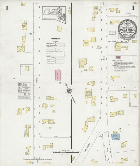 Sanborn Fire Insurance Map from Westwood, Norfolk County, Massachusetts (1927), Sheet #0001 - Complete Map Set gallery image, historic Sanborn map, vintage wall art, Massachusetts Massachusetts