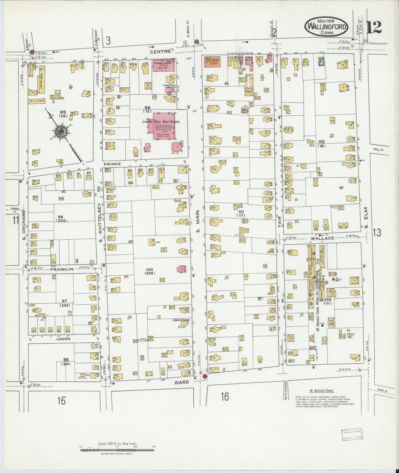 Sanborn Fire Insurance Map from Wallingford, New Haven County, Connecticut (1919), Sheet #0012 - Complete Map Set gallery image, historic Sanborn map, vintage wall art, Connecticut Connecticut