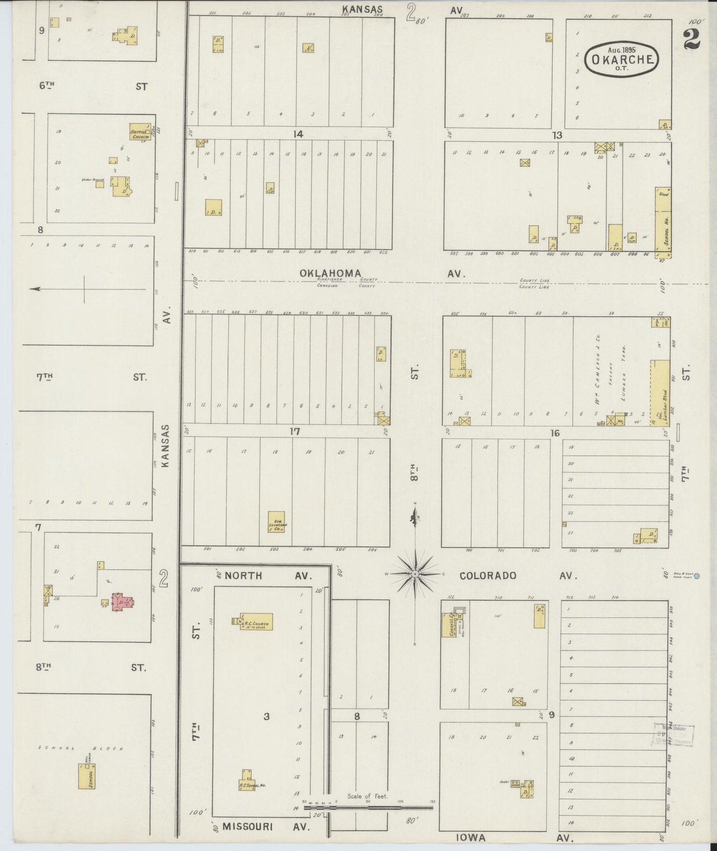 Sanborn Fire Insurance Map from Okarche, Kingfisher and Canadian Counties, Oklahoma (1895), Sheet #0002 - Historic Sanborn Fire Insurance Map Print, vintage old map wall art, antique decor, genealogy gift, Oklahoma Oklahoma map