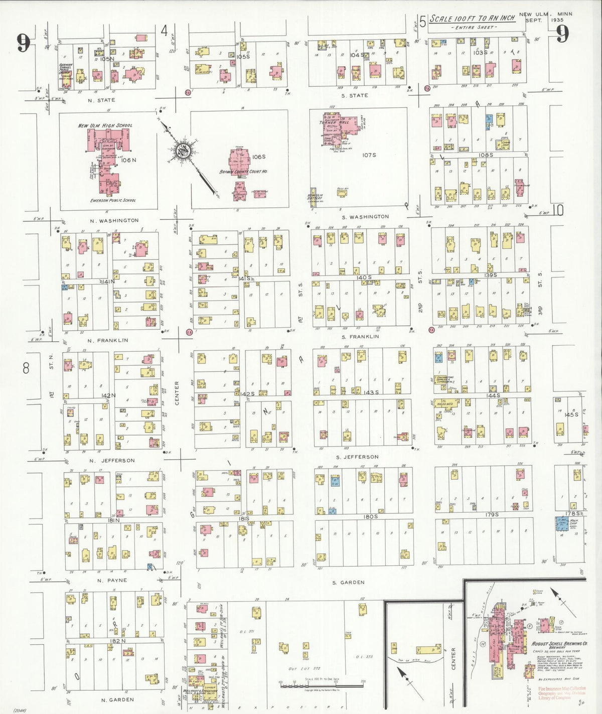 Sanborn Fire Insurance Map from New Ulm, Brown County, Minnesota (1935), Sheet #0009 - Historic Sanborn Fire Insurance Map Print, vintage old map wall art, antique decor, genealogy gift, Minnesota Minnesota map