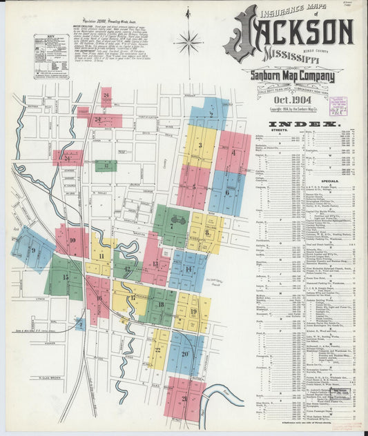 Sanborn Fire Insurance Map from Jackson, Hinds County, Mississippi (1904), Sheet #0001 - Historic Sanborn Fire Insurance Map Print, vintage old map wall art, antique decor, genealogy gift, Mississippi Mississippi map