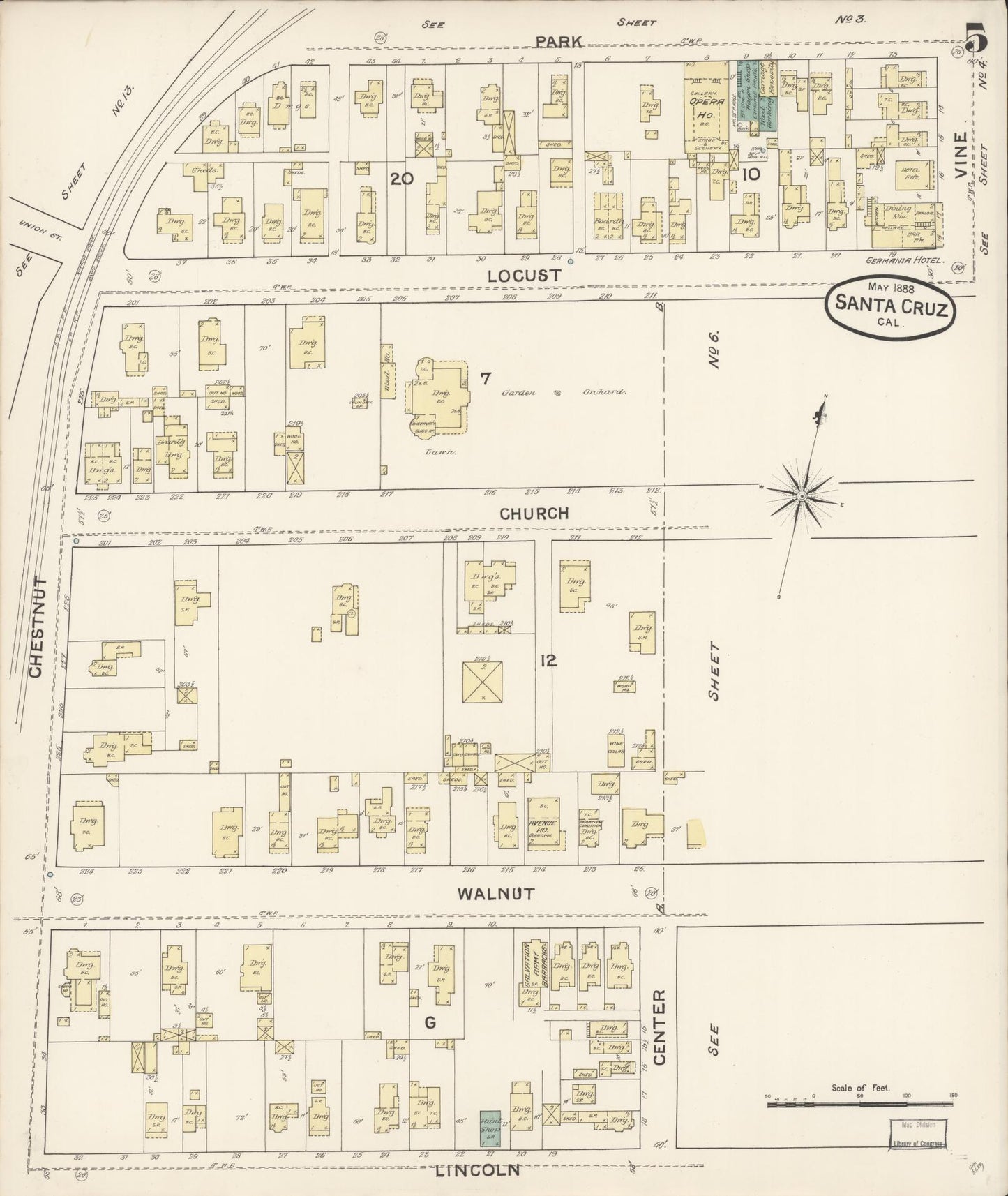 Sanborn Fire Insurance Map from Santa Cruz, Santa Cruz County, California (1888), Sheet #0005 - Complete Map Set gallery image, historic Sanborn map, vintage wall art, California California
