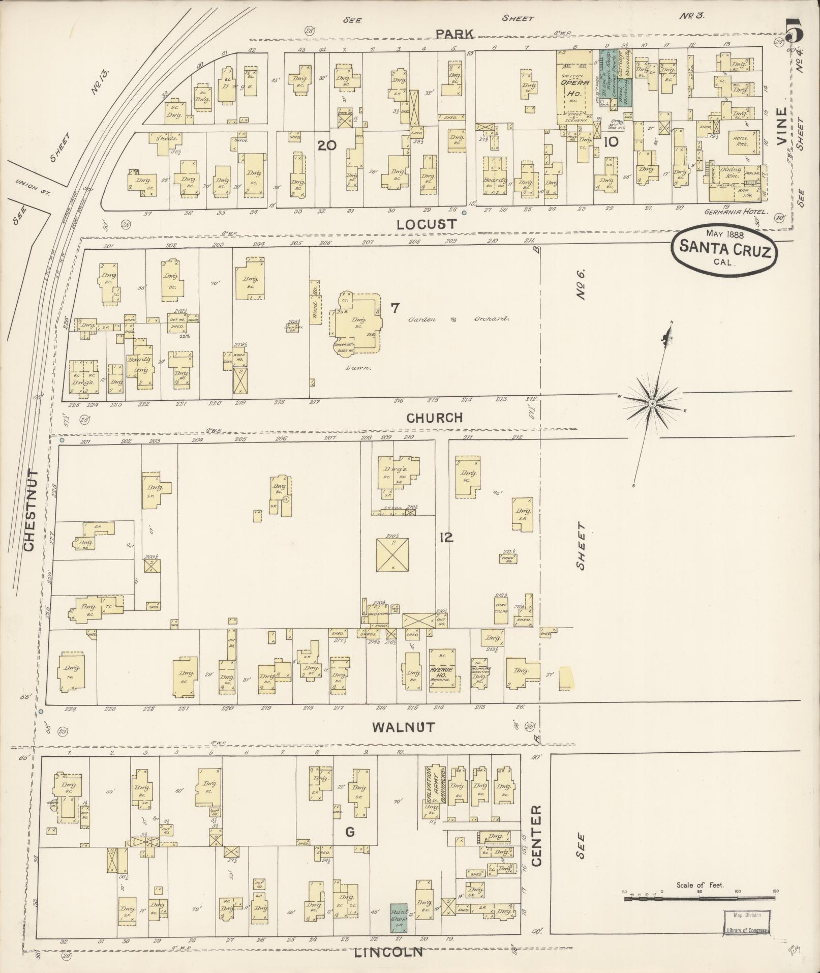 Sanborn Fire Insurance Map from Santa Cruz, Santa Cruz County, California (1888), Sheet #0005 - Complete Map Set gallery image, historic Sanborn map, vintage wall art, California California