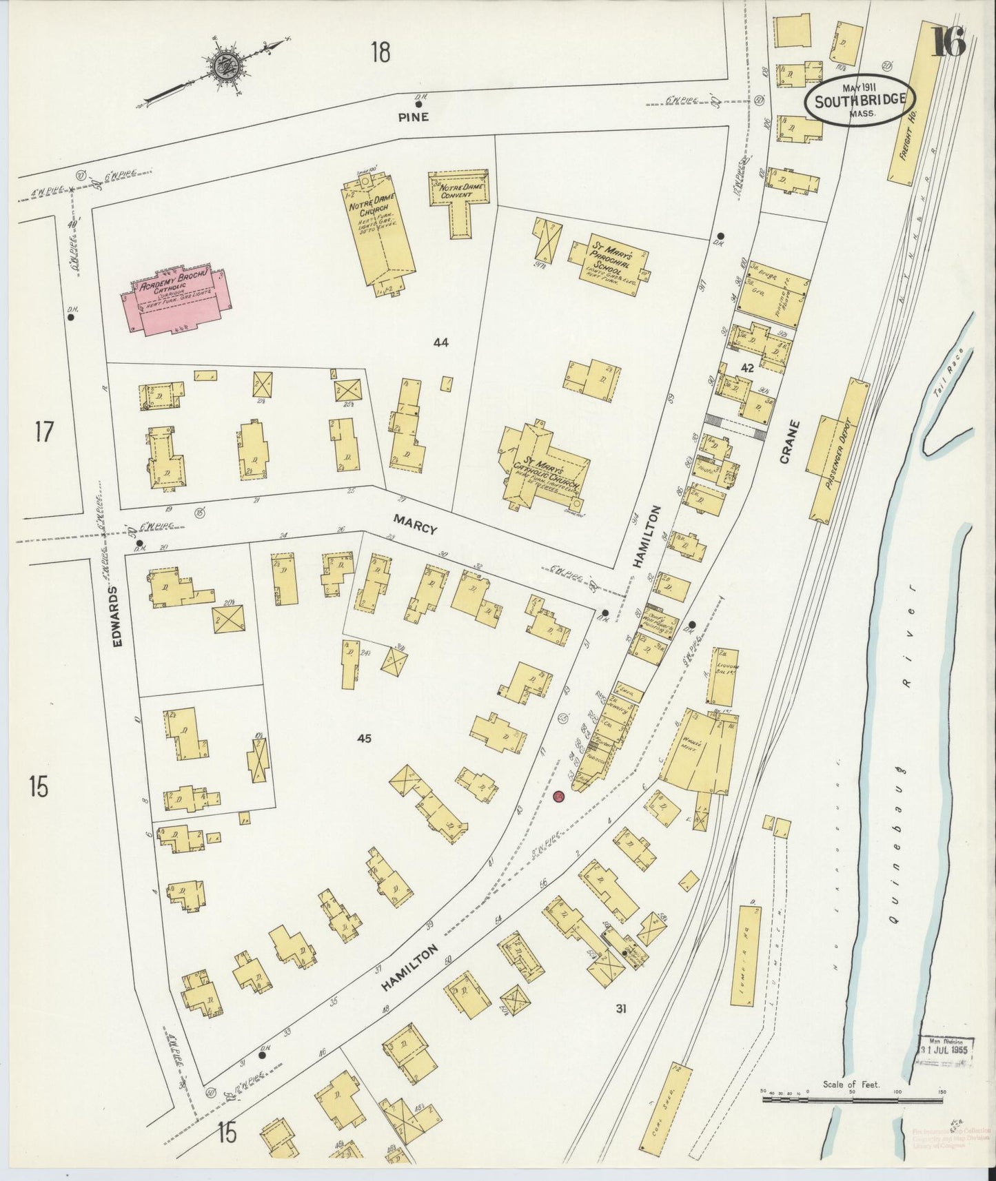 Sanborn Fire Insurance Map from Southbridge, Worcester County, Massachusetts (1911), Sheet #0016 - Historic Sanborn Fire Insurance Map Print, vintage old map wall art, antique decor, genealogy gift, Massachusetts Massachusetts map
