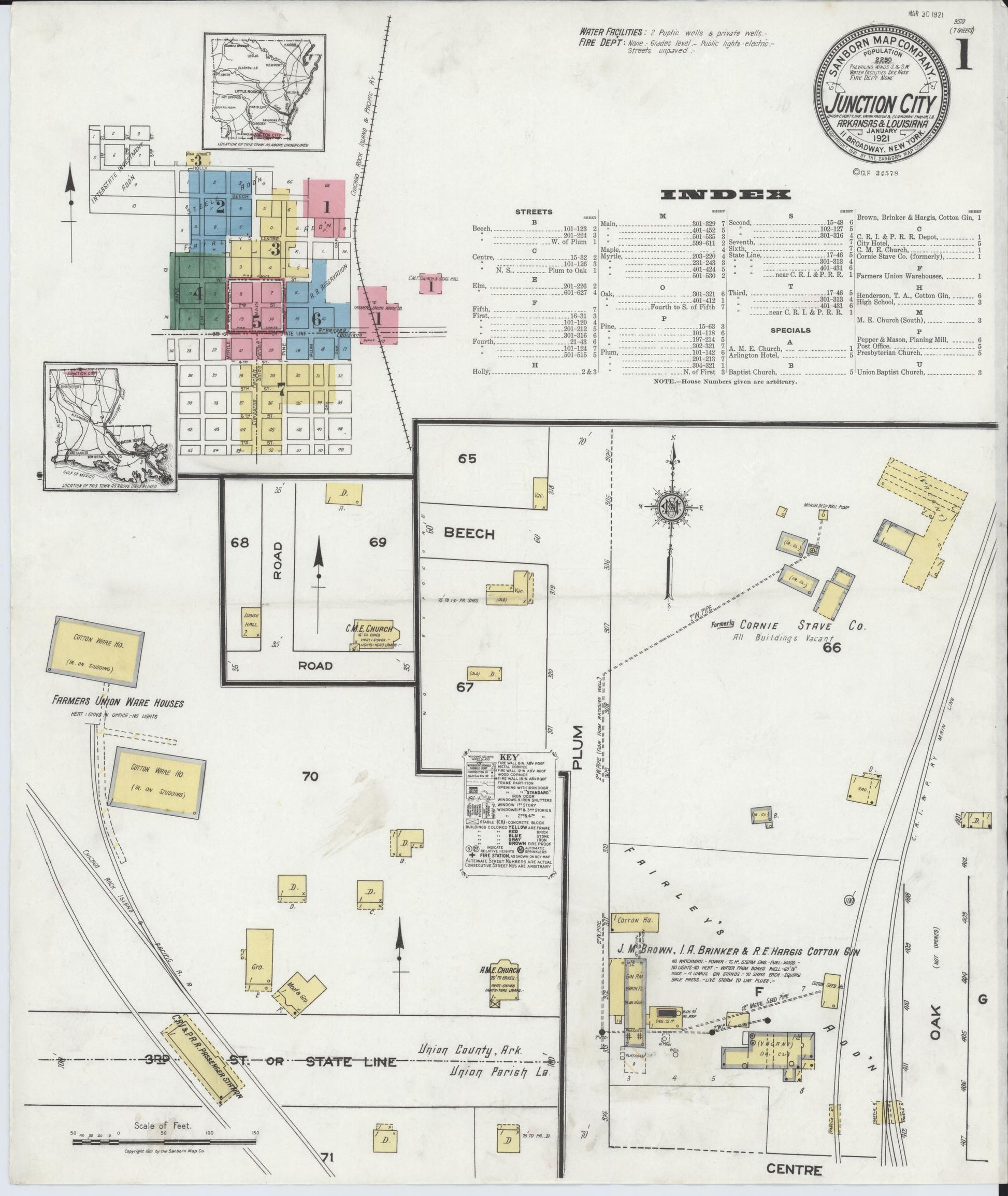 Sanborn Fire Insurance Map from Junction City, Union County, Arkansas (1921), Sheet #0001 - Historic Sanborn Fire Insurance Map Print, vintage old map wall art, antique decor, genealogy gift, Arkansas Arkansas map