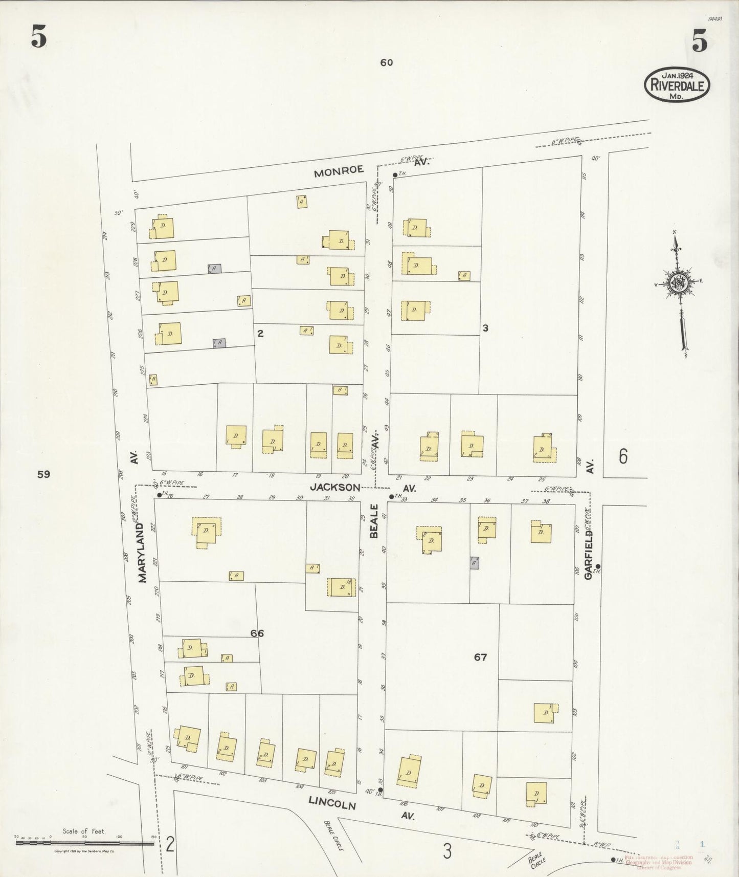 Sanborn Fire Insurance Map from Riverdale, Prince Georges County, Maryland (1924), Sheet #0005 - Historic Sanborn Fire Insurance Map Print, vintage old map wall art