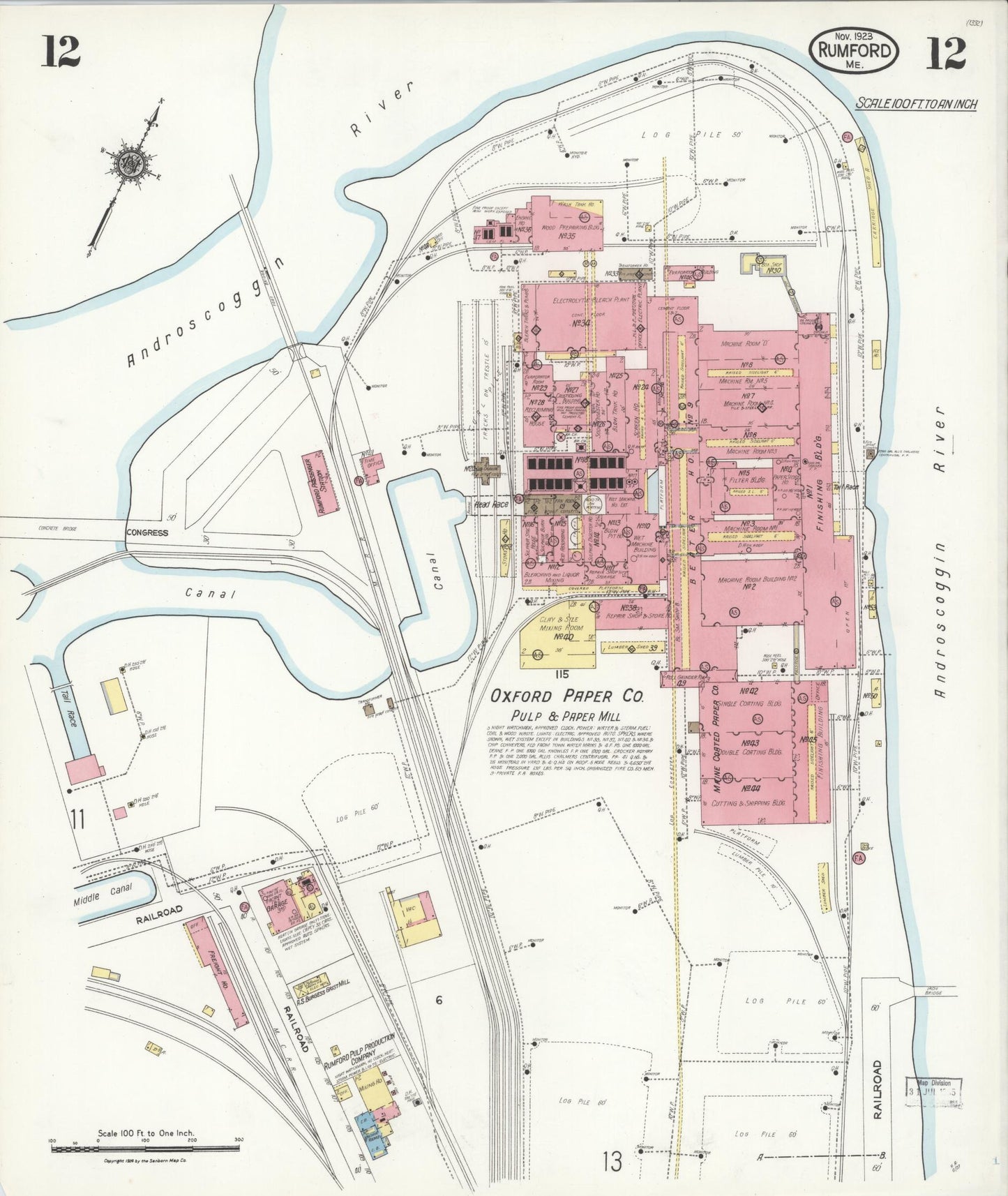 Sanborn Fire Insurance Map from Rumford, Oxford County, Maine (1923), Sheet #0012 - Complete Map Set gallery image, historic Sanborn map, vintage wall art, Maine Maine