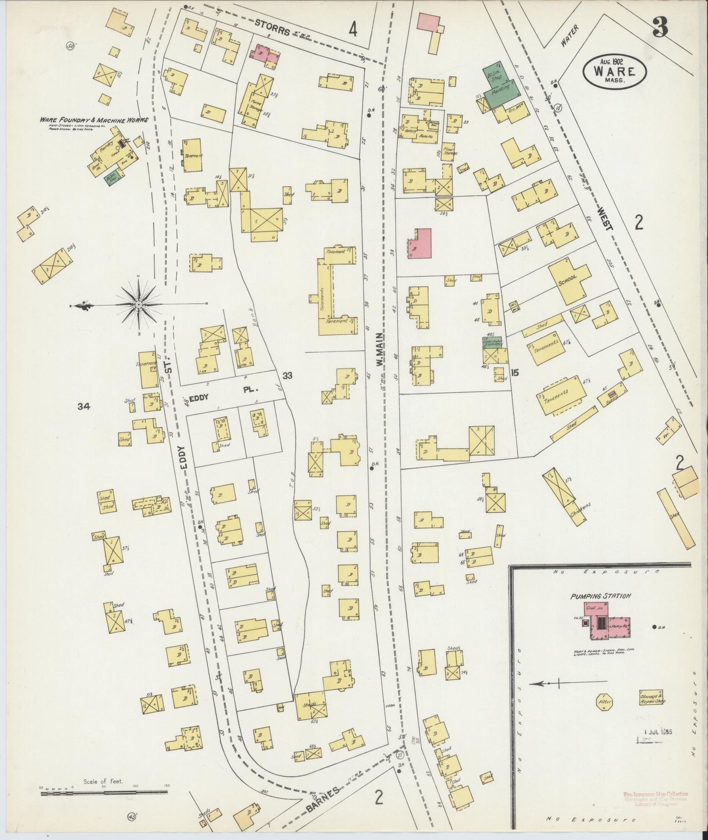 Sanborn Fire Insurance Map from Ware, Hampshire County, Massachusetts (1902), Sheet #0003 - Complete Map Set gallery image, historic Sanborn map, vintage wall art, Massachusetts Massachusetts