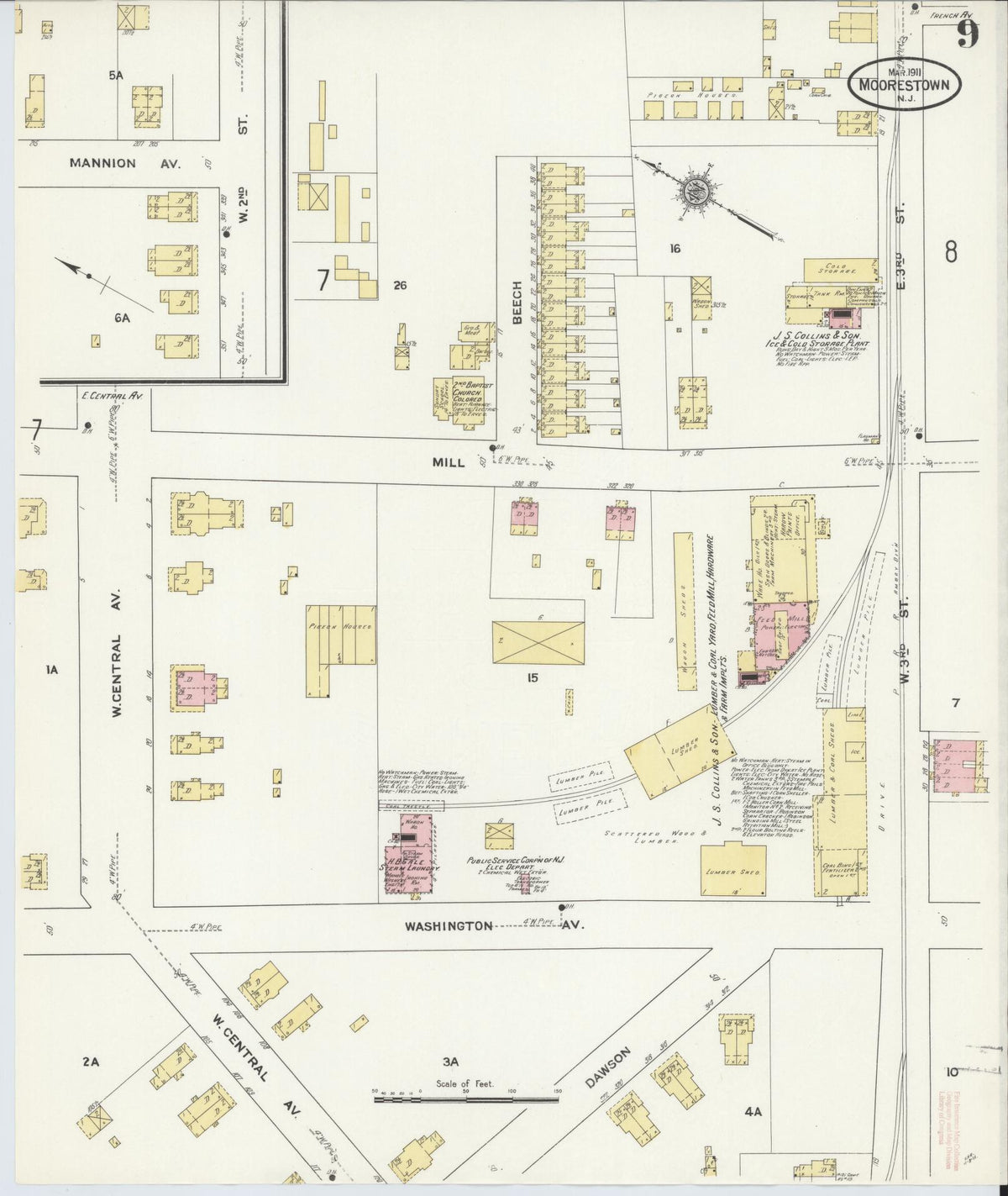 Sanborn Fire Insurance Map from Moorestown, Burlington County, New Jersey (1911), Sheet #0009 - Complete Map Set gallery image, historic Sanborn map, vintage wall art, New Jersey New Jersey