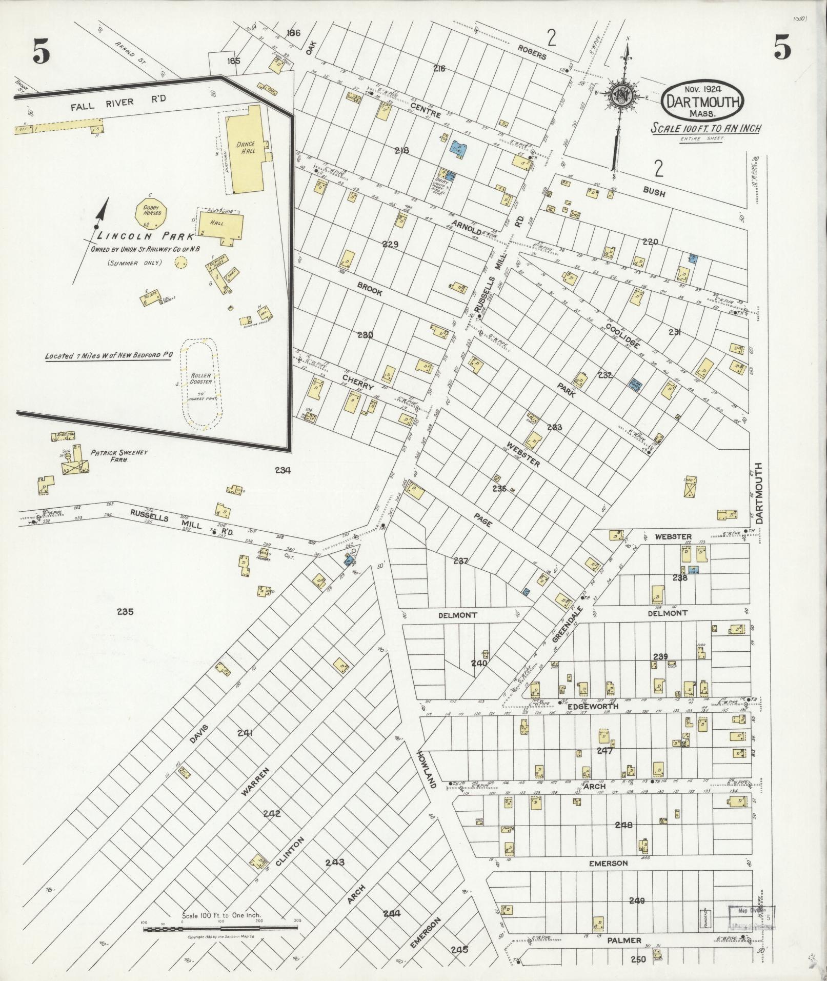 Sanborn Fire Insurance Map from Dartmouth, Bristol County, Massachusetts (1924), Sheet #0005 - Historic Sanborn Fire Insurance Map Print, vintage old map wall art, antique decor, genealogy gift, Massachusetts Massachusetts map