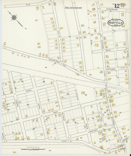 Sanborn Fire Insurance Map from Maryville, Blount County, Tennessee (1917), Sheet #0012 - Historic Sanborn Fire Insurance Map Print, vintage old map wall art, antique decor, genealogy gift, Tennessee Tennessee map