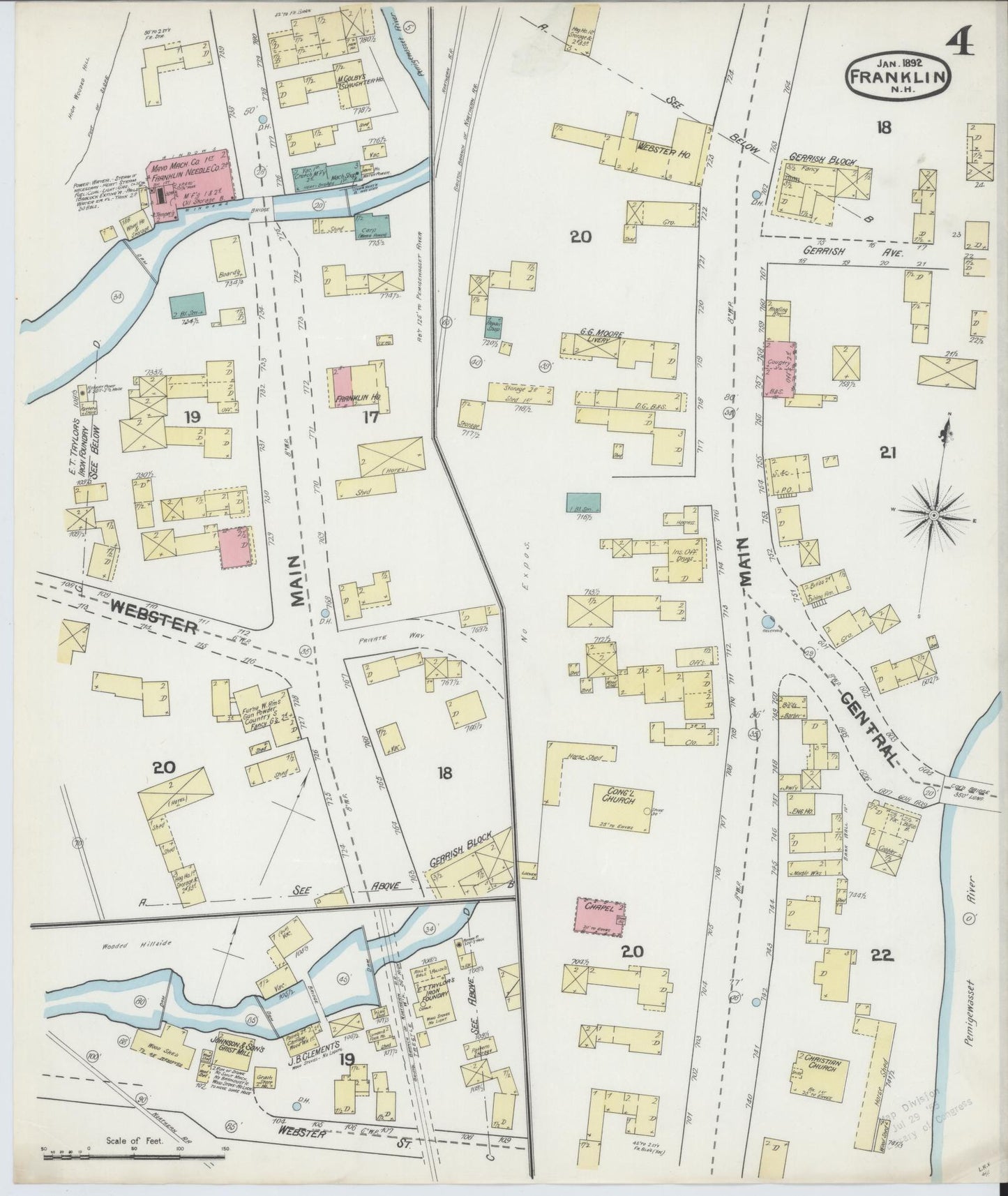 Sanborn Fire Insurance Map from Franklin, Merrimack County, New Hampshire (1892), Sheet #0004 - Complete Map Set gallery image, historic Sanborn map, vintage wall art, New Hampshire New Hampshire