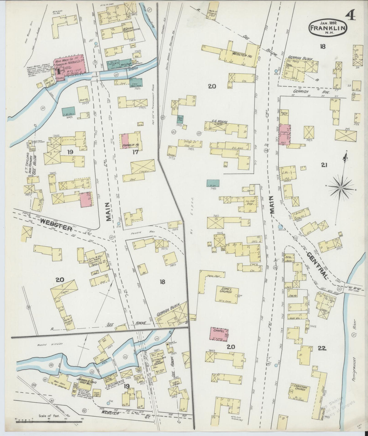 Sanborn Fire Insurance Map from Franklin, Merrimack County, New Hampshire (1892), Sheet #0004 - Complete Map Set gallery image, historic Sanborn map, vintage wall art, New Hampshire New Hampshire