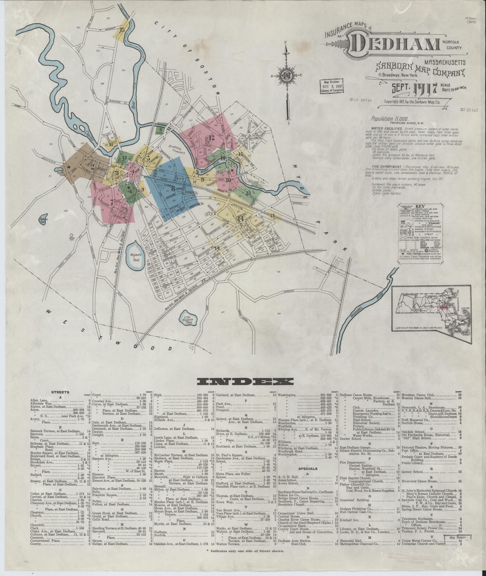 Sanborn Fire Insurance Map from Dedham, Norfolk County, Massachusetts. (1917) – Historic Sanborn Fire Insurance Map Print