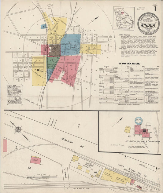 Sanborn Fire Insurance Map from Winder, Barrow County, Georgia (1921), Sheet #0001 - Historic Sanborn Fire Insurance Map Print, vintage old map wall art, antique decor, genealogy gift, Georgia Georgia map