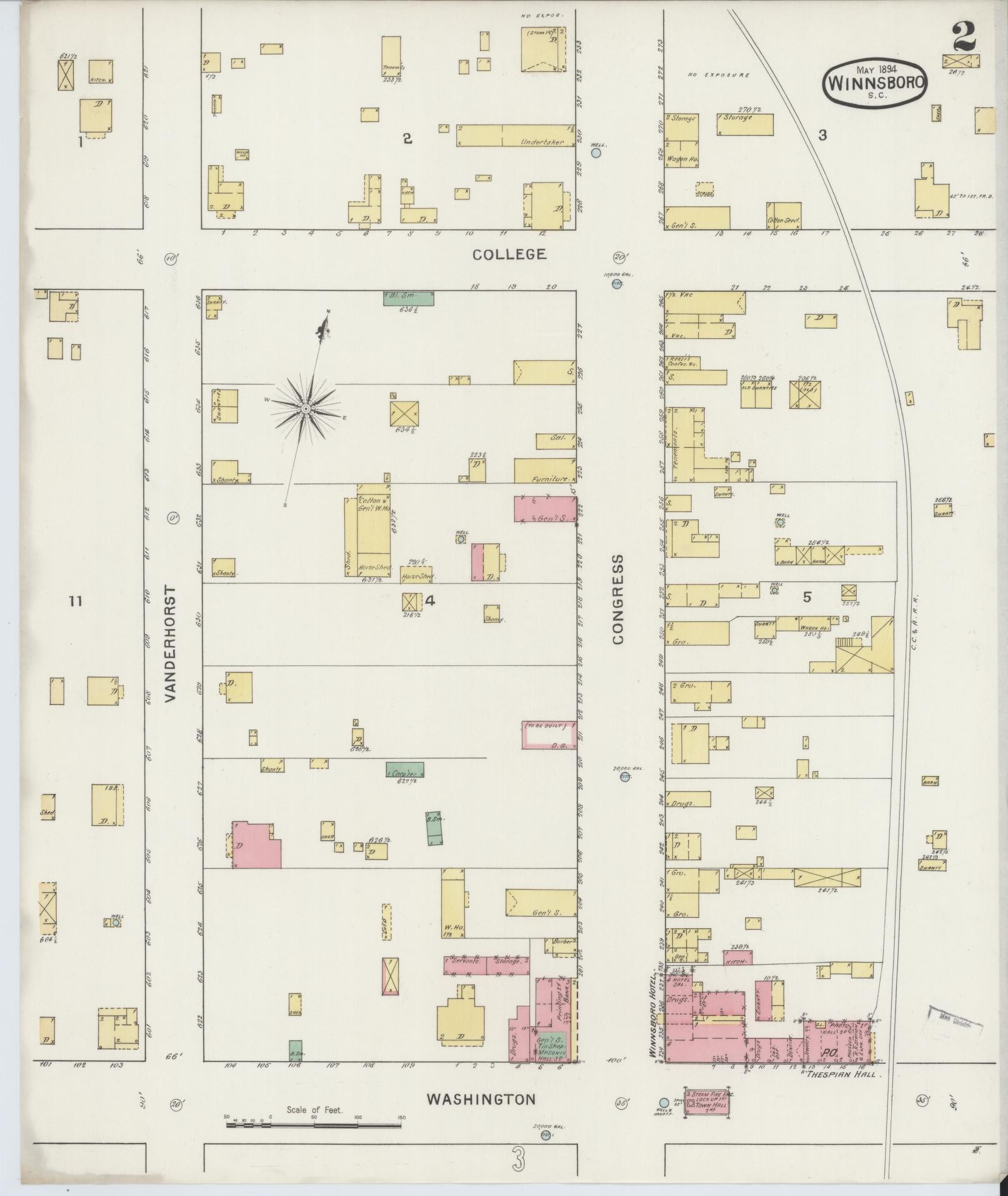 Sanborn Fire Insurance Map from Winnsboro, Fairfield County, South Carolina (1894), Sheet #0002 - Complete Map Set gallery image, historic Sanborn map, vintage wall art, South Carolina South Carolina