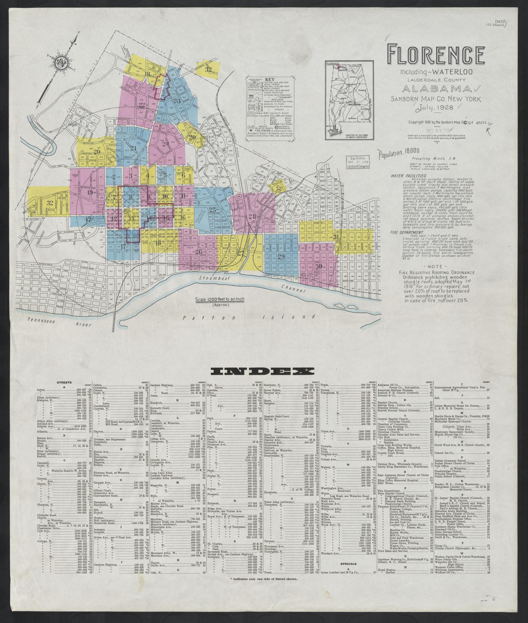 Sanborn Fire Insurance Map from Florence, Lauderdale County, Alabama (1928), Sheet #0001 - Historic Sanborn Fire Insurance Map Print, vintage old map wall art, antique decor, genealogy gift, Alabama Alabama map