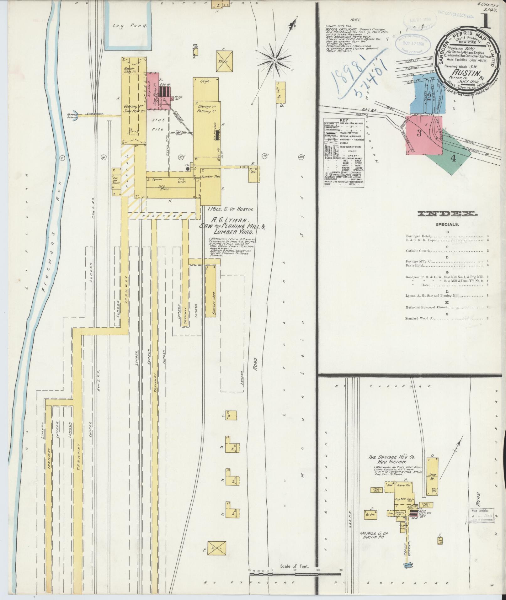 Sanborn Fire Insurance Map from Austin, Potter County, Pennsylvania (1898), Sheet #0001 - Historic Sanborn Fire Insurance Map Print, vintage old map wall art, antique decor, genealogy gift, Pennsylvania Pennsylvania map