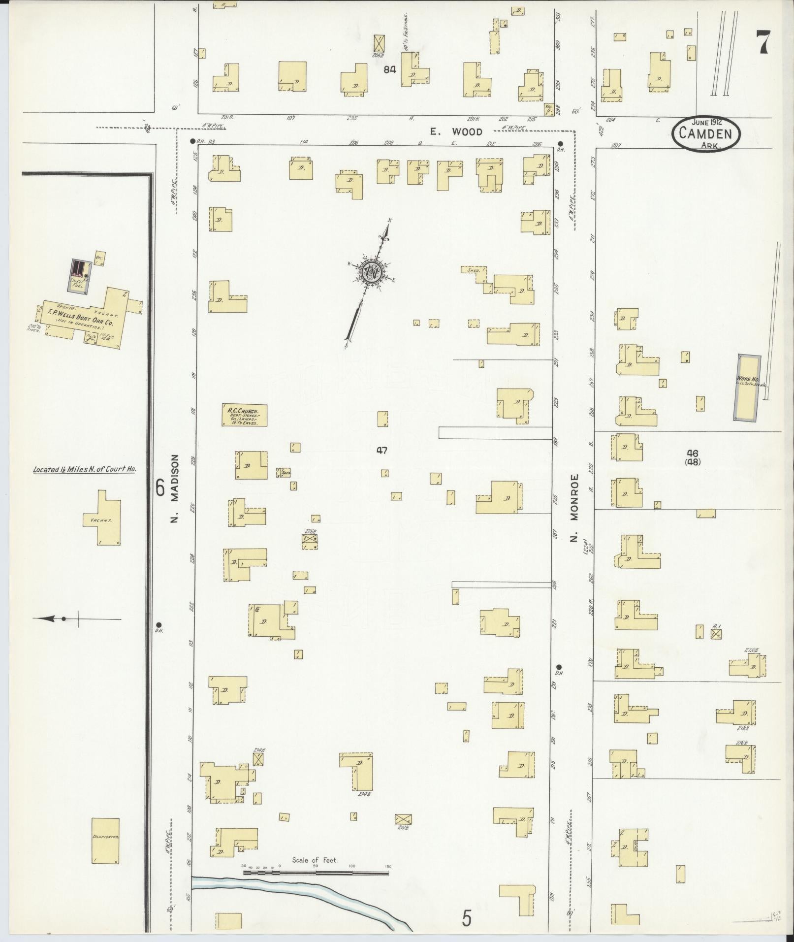 Sanborn Fire Insurance Map from Camden, Ouachita County, Arkansas (1912), Sheet #0007 - Historic Sanborn Fire Insurance Map Print, vintage old map wall art, antique decor, genealogy gift, Arkansas Arkansas map