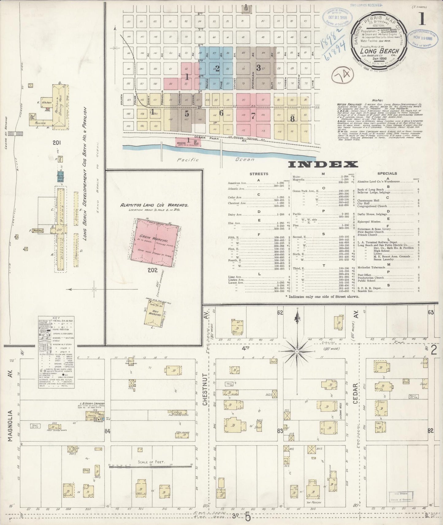 Sanborn Fire Insurance Map from Long Beach, Los Angeles County, California (1898), Sheet #0001 - Historic Sanborn Fire Insurance Map Print, vintage old map wall art, antique decor, genealogy gift, California California map