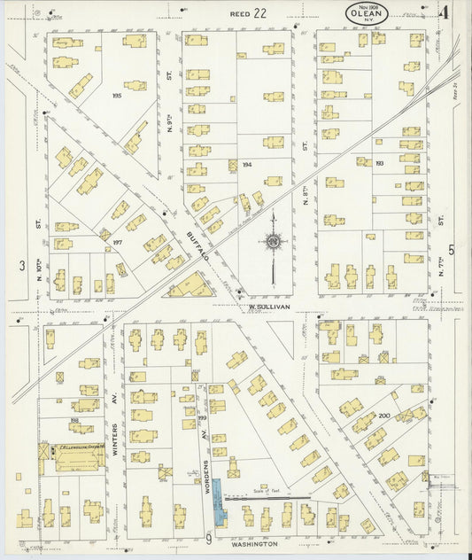 Sanborn Fire Insurance Map from Olean, Cattaraugus County, New York (1909), Sheet #0004 - Historic Sanborn Fire Insurance Map Print, vintage old map wall art, antique decor, genealogy gift, New York New York map