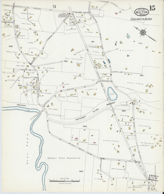 Sanborn Fire Insurance Map from Milton, Norfolk County, Massachusetts (1917), Sheet #0015 - Historic Sanborn Fire Insurance Map Print, vintage old map wall art, antique decor, genealogy gift, Massachusetts Massachusetts map