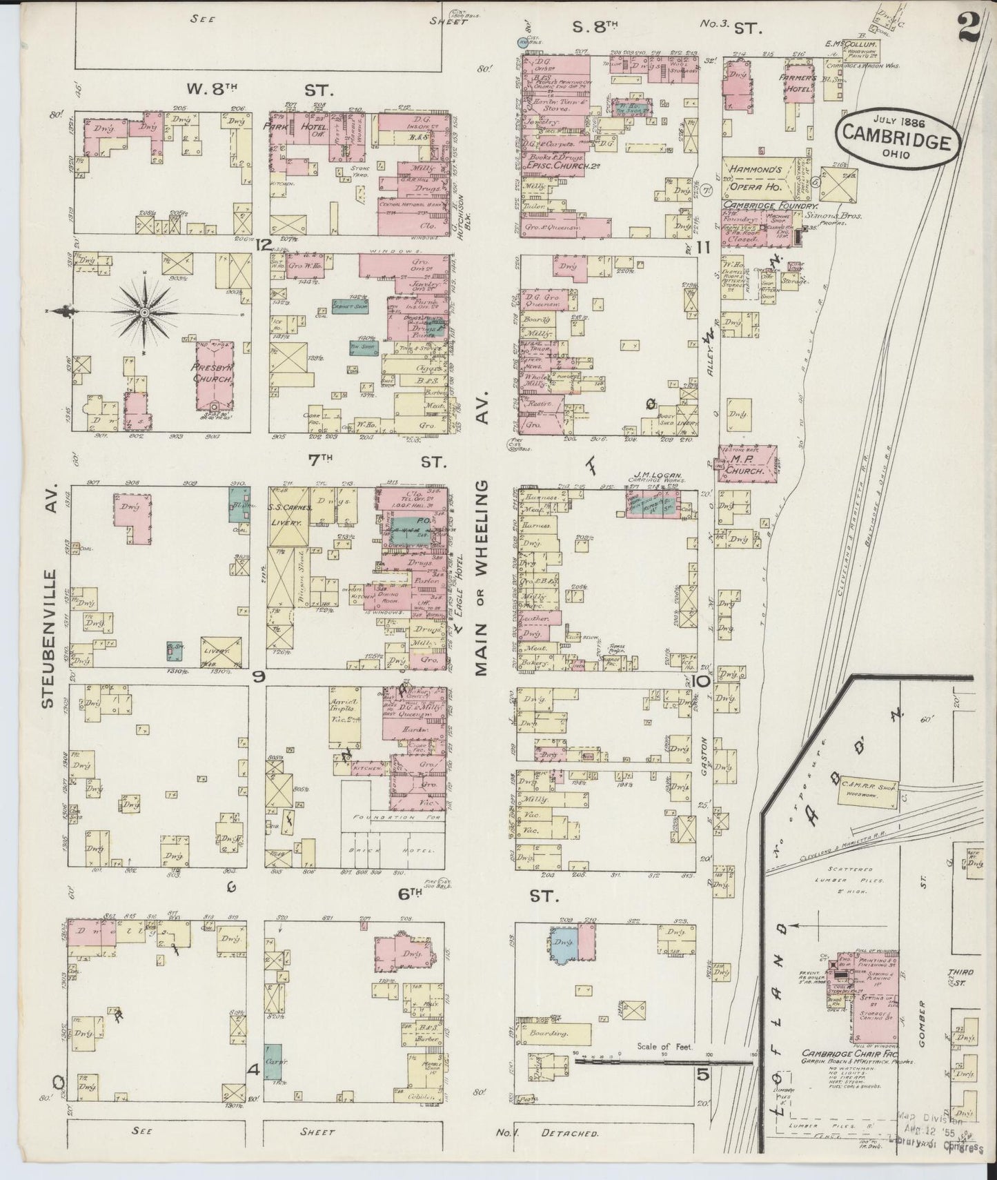 Sanborn Fire Insurance Map from Cambridge, Guernsey County, Ohio (1886), Sheet #0002 - Historic Sanborn Fire Insurance Map Print, vintage old map wall art, antique decor, genealogy gift, Ohio Ohio map
