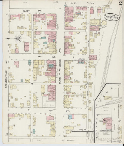 Sanborn Fire Insurance Map from Cambridge, Guernsey County, Ohio (1886), Sheet #0002 - Historic Sanborn Fire Insurance Map Print, vintage old map wall art, antique decor, genealogy gift, Ohio Ohio map