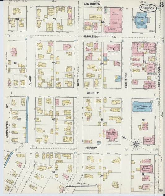 Sanborn Fire Insurance Map from Freeport, Stephenson County, Illinois (1890), Sheet #0008 - Historic Sanborn Fire Insurance Map Print, vintage old map wall art, antique decor, genealogy gift, Illinois Illinois map