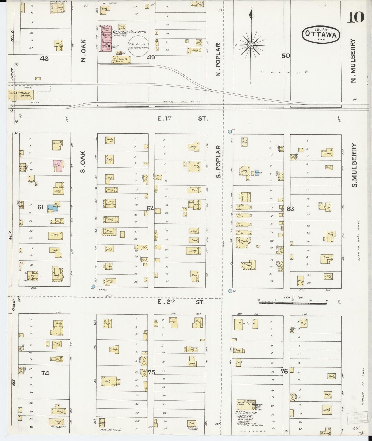 Sanborn Fire Insurance Map from Ottawa, Franklin County, Kansas (1888), Sheet #0010 - Complete Map Set gallery image, historic Sanborn map, vintage wall art, Kansas Kansas