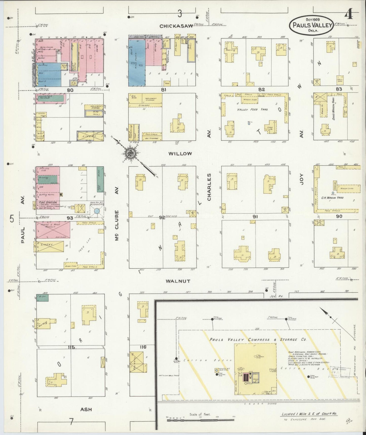 Sanborn Fire Insurance Map from Pauls Valley, Garvin County, Oklahoma (1909), Sheet #0004 - Historic Sanborn Fire Insurance Map Print, vintage old map wall art, antique decor, genealogy gift, Oklahoma Oklahoma map
