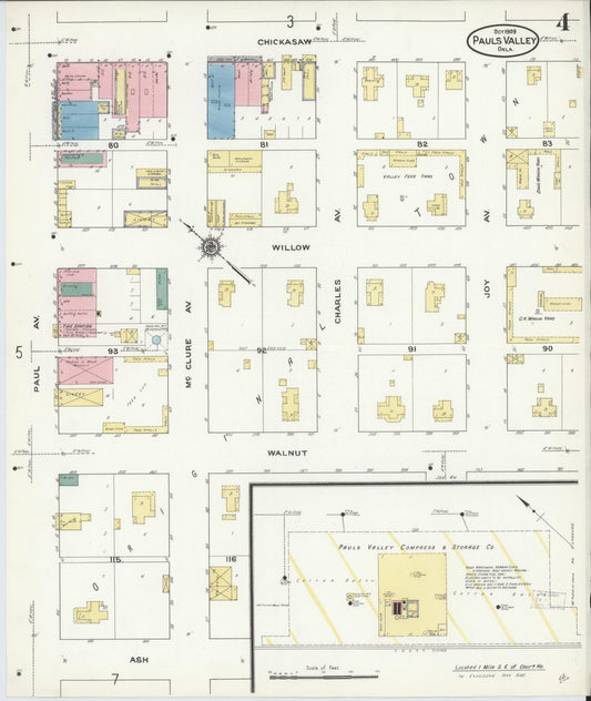 Sanborn Fire Insurance Map from Pauls Valley, Garvin County, Oklahoma (1909), Sheet #0004 - Historic Sanborn Fire Insurance Map Print, vintage old map wall art, antique decor, genealogy gift, Oklahoma Oklahoma map