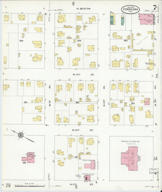 Sanborn Fire Insurance Map from Corsicana, Navarro County, Texas (1910), Sheet #0007 - Historic Sanborn Fire Insurance Map Print, vintage old map wall art, antique decor, genealogy gift, Texas Texas map