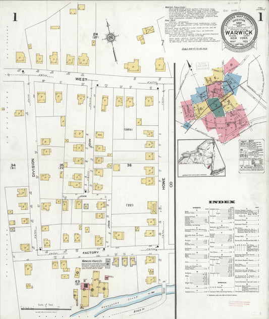 Sanborn Fire Insurance Map from Warwick, Orange County, New York (1923), Sheet #0001 - Complete Map Set gallery image, historic Sanborn map, vintage wall art, New York New York
