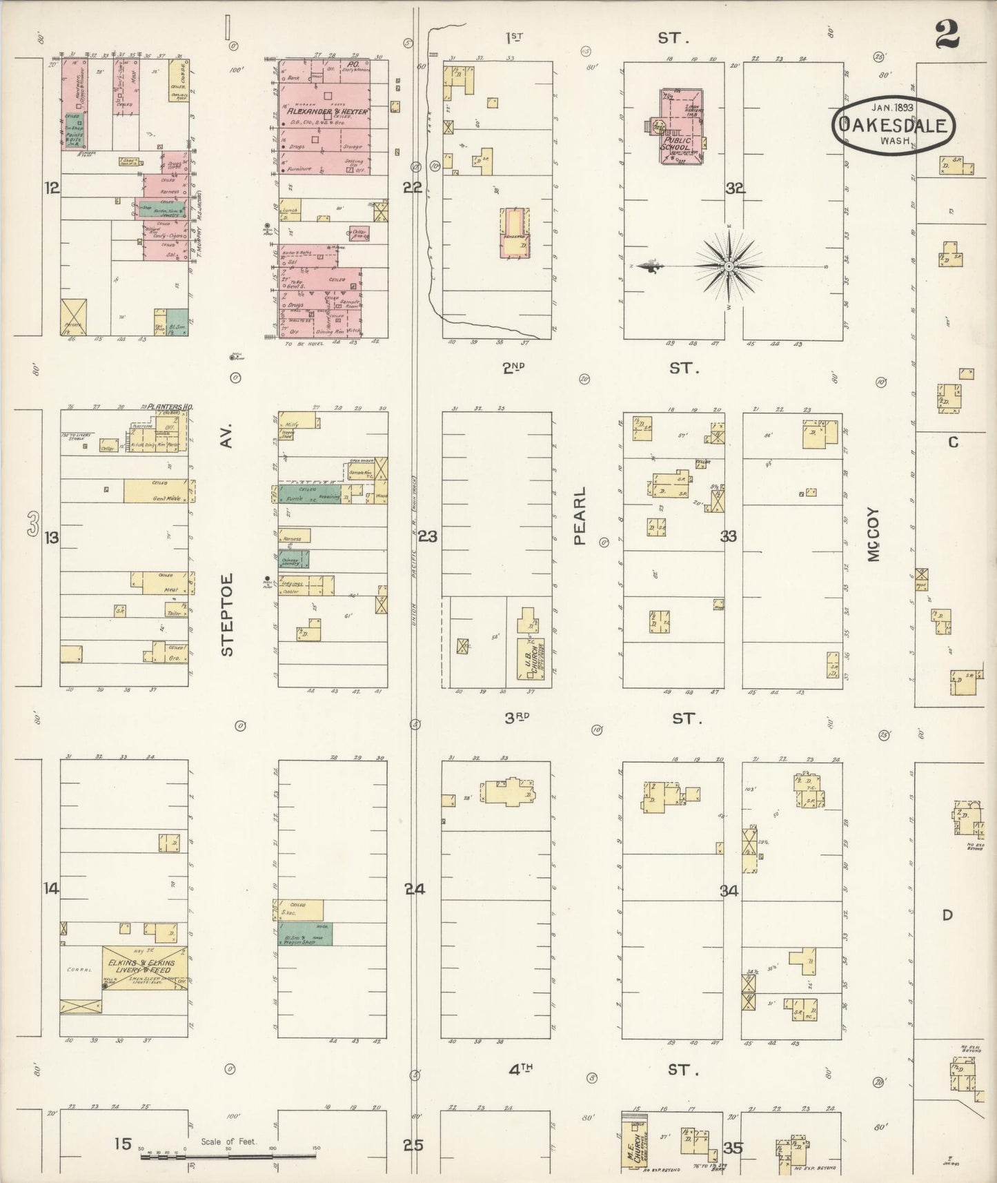 Sanborn Fire Insurance Map from Oakesdale, Whitman County, Washington (1893), Sheet #0002 - Complete Map Set gallery image, historic Sanborn map, vintage wall art, Washington Washington
