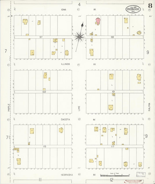Sanborn Fire Insurance Map from Escondido, San Diego County, California (1907), Sheet #0008 - Historic Sanborn Fire Insurance Map Print, vintage old map wall art, antique decor, genealogy gift, California California map