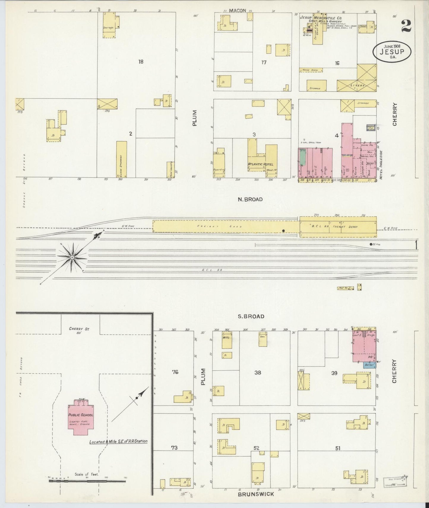 Sanborn Fire Insurance Map from Jesup, Wayne County, Georgia (1908), Sheet #0002 - Complete Map Set gallery image, historic Sanborn map, vintage wall art, Georgia Georgia