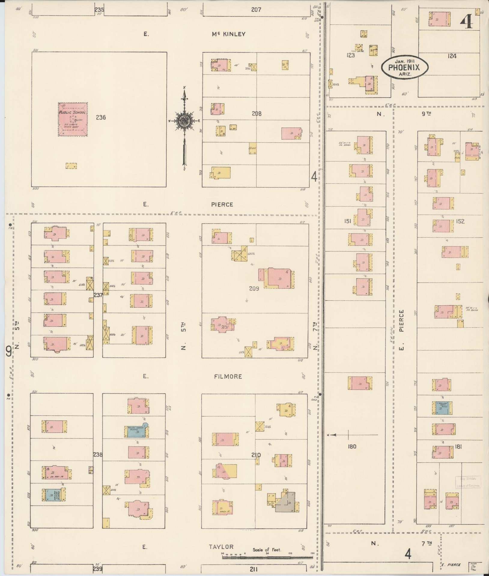 Sanborn Fire Insurance Map from Phoenix, Maricopa County, Arizona (1911), Sheet #0004 - Historic Sanborn Fire Insurance Map Print, vintage old map wall art, antique decor, genealogy gift, Arizona Arizona map