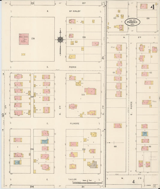Sanborn Fire Insurance Map from Phoenix, Maricopa County, Arizona (1911), Sheet #0004 - Historic Sanborn Fire Insurance Map Print, vintage old map wall art, antique decor, genealogy gift, Arizona Arizona map