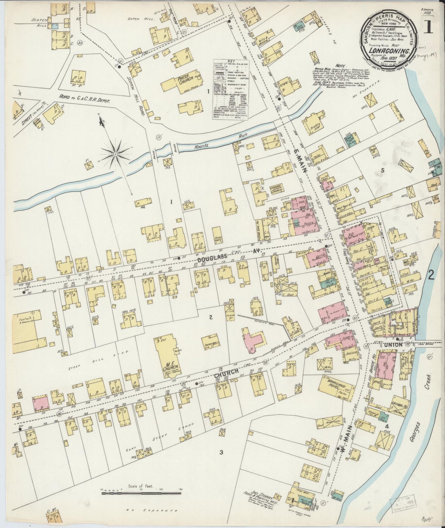 Sanborn Fire Insurance Map from Lonaconing, Allegany County, Maryland (1897), Sheet #0001 - Complete Map Set gallery image, historic Sanborn map, vintage wall art, Maryland Maryland