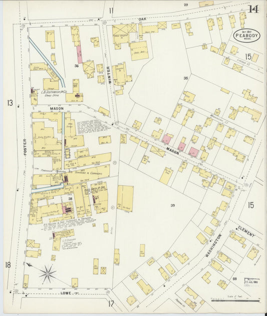 Sanborn Fire Insurance Map from Peabody, Essex County, Massachusetts (1897), Sheet #0014 - Historic Sanborn Fire Insurance Map Print, vintage old map wall art, antique decor, genealogy gift, Massachusetts Massachusetts map