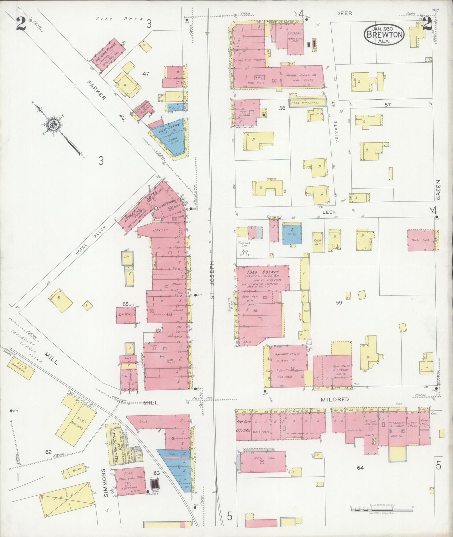 Sanborn Fire Insurance Map from Brewton, Escambia County, Alabama (1930), Sheet #0002 - Historic Sanborn Fire Insurance Map Print, vintage old map wall art, antique decor, genealogy gift, Alabama Alabama map