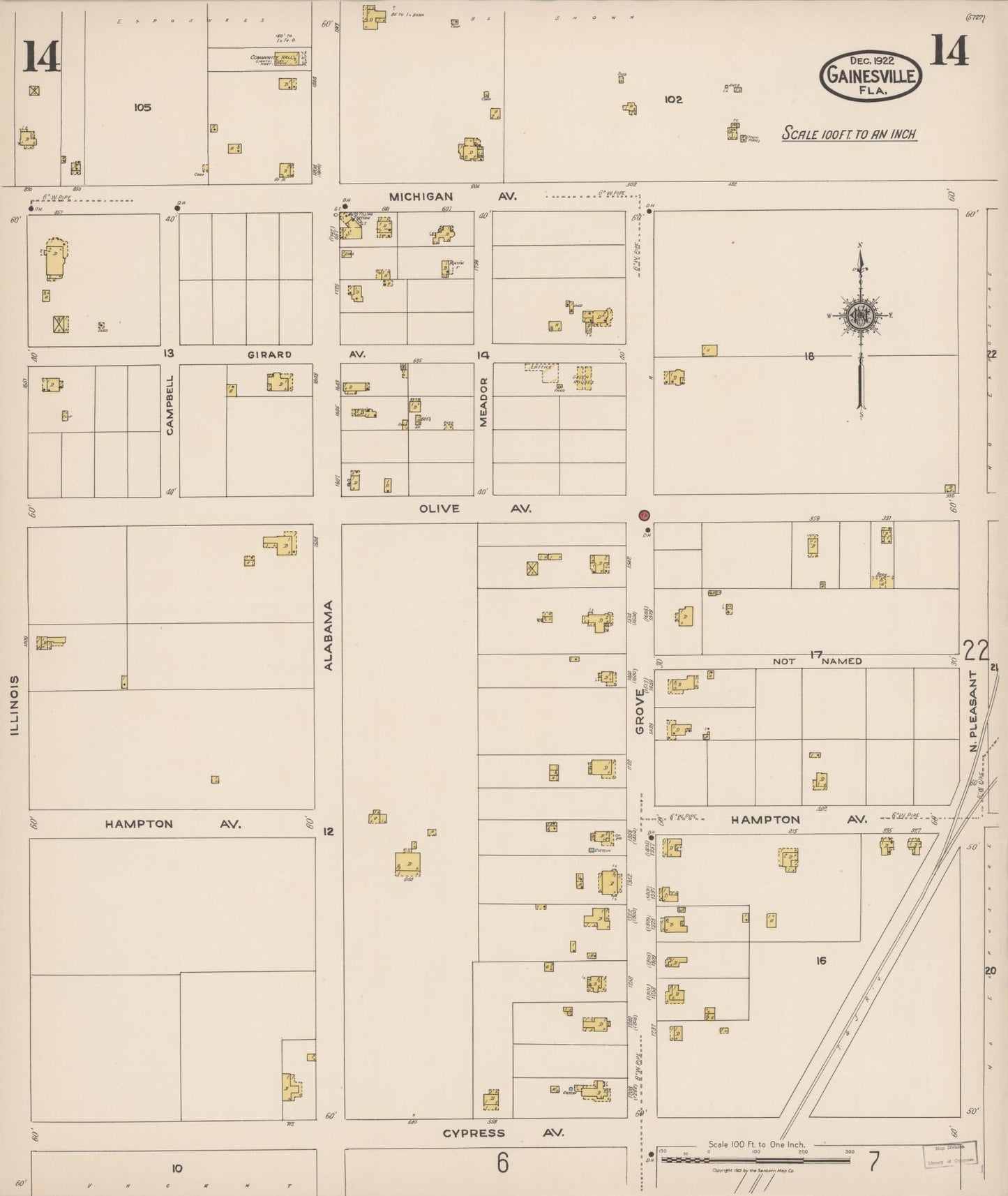 Sanborn Fire Insurance Map from Gainesville, Alachua County, Florida (1922), Sheet #0014 - Complete Map Set gallery image, historic Sanborn map, vintage wall art, Florida Florida