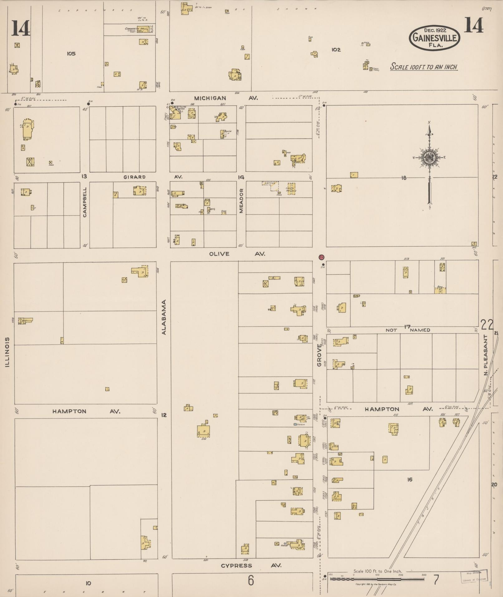 Sanborn Fire Insurance Map from Gainesville, Alachua County, Florida (1922), Sheet #0014 - Complete Map Set gallery image, historic Sanborn map, vintage wall art, Florida Florida