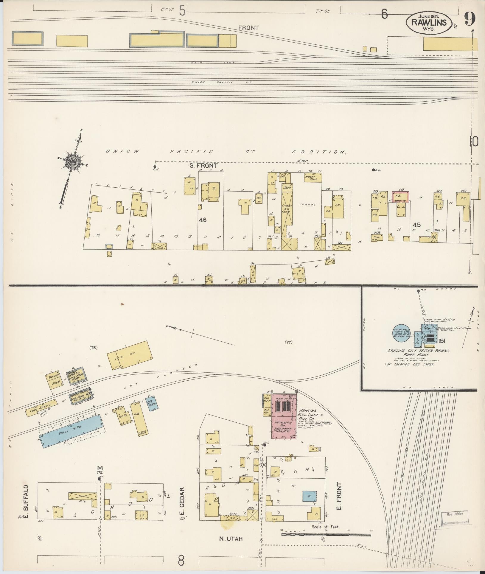 Sanborn Fire Insurance Map from Rawlins, Carbon County, Wyoming (1912), Sheet #0009 - Complete Map Set gallery image, historic Sanborn map, vintage wall art, Wyoming Wyoming