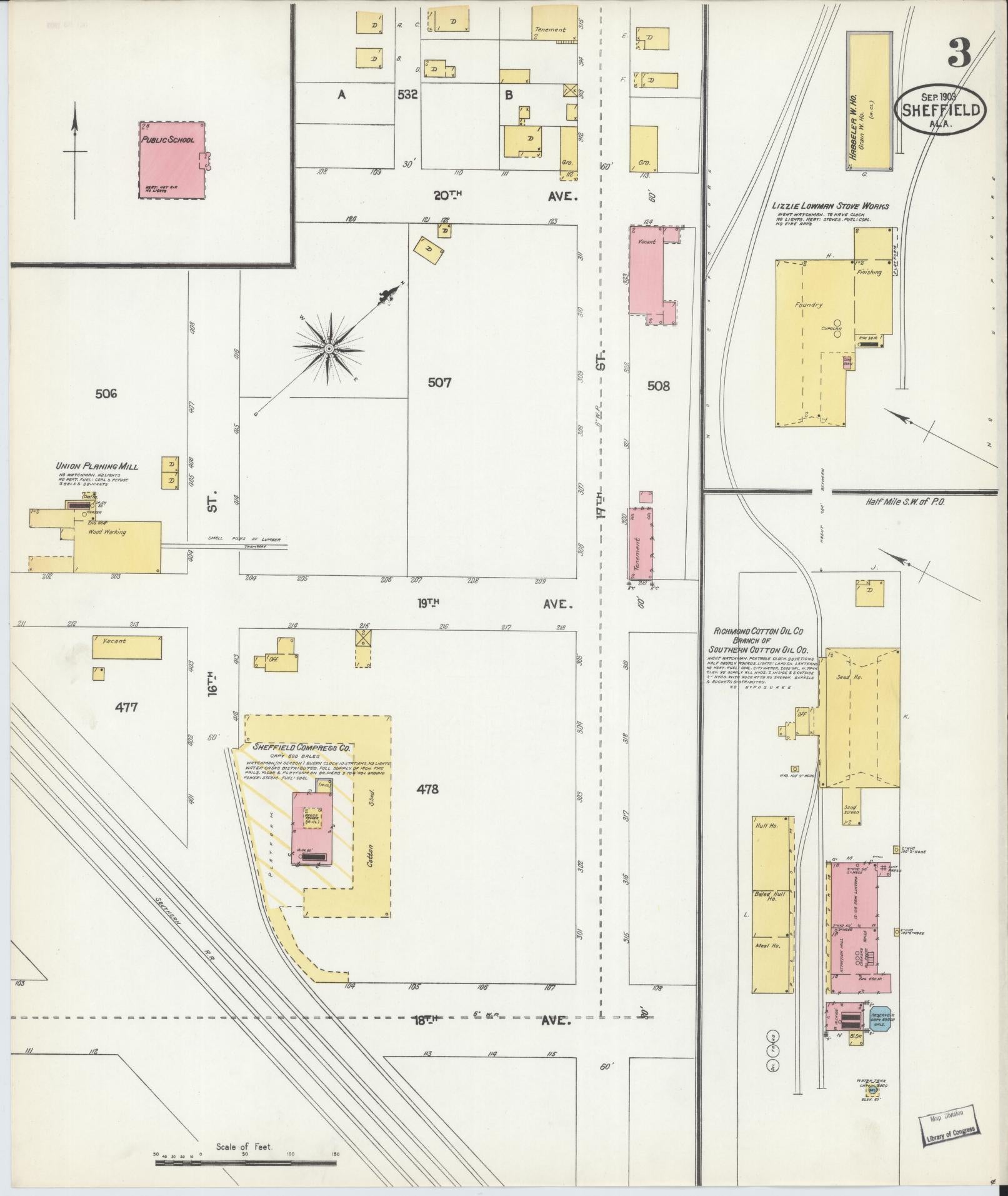 Sanborn Fire Insurance Map from Sheffield, Colbert County, Alabama (1903), Sheet #0003 - Historic Sanborn Fire Insurance Map Print, vintage old map wall art, antique decor, genealogy gift, Alabama Alabama map